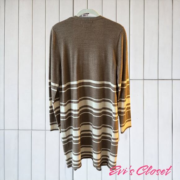 Tahari Long Cardigan 100% Extra Fine Merino Wool Size L Brown & Cream - Picture 2 of 7